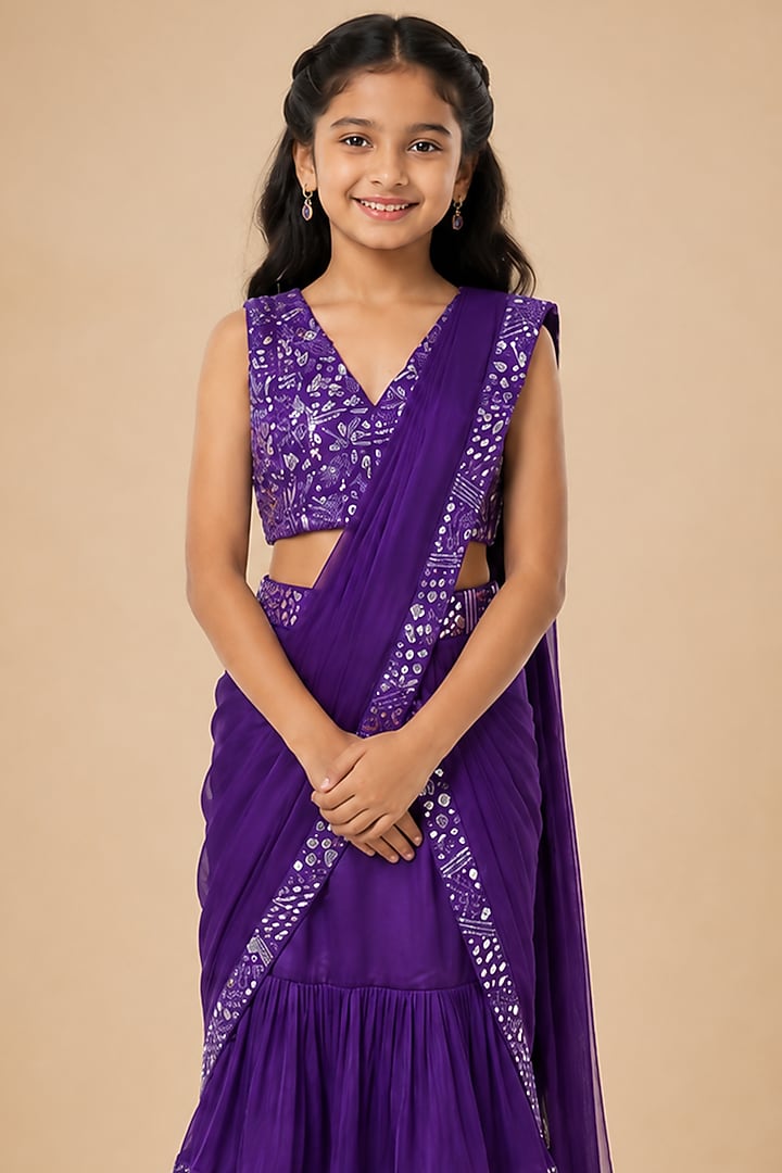 Purple Satin Organza Tulle Floral Printed Draped Saree Set For Girls by Asaga Kids Atelier at Pernia's Pop Up Shop