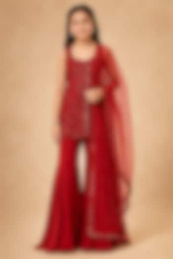 Red Satin Organza Tulle Hand Embellished Sharara Set For Girls by Asaga Kids Atelier at Pernia's Pop Up Shop