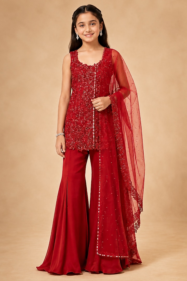 Red Satin Organza Tulle Hand Embellished Sharara Set For Girls by Asaga Kids Atelier at Pernia's Pop Up Shop