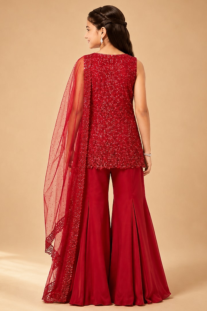 Red Satin Organza Tulle Hand Embellished Sharara Set For Girls by Asaga Kids Atelier at Pernia's Pop Up Shop