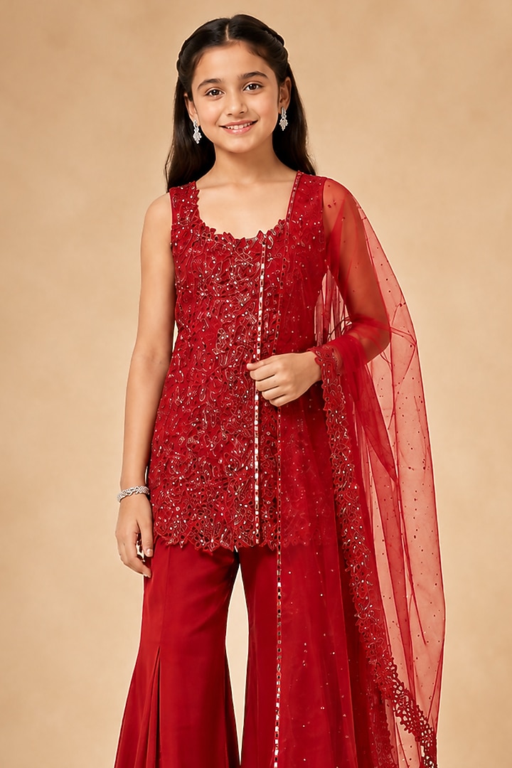 Red Satin Organza Tulle Hand Embellished Sharara Set For Girls by Asaga Kids Atelier at Pernia's Pop Up Shop