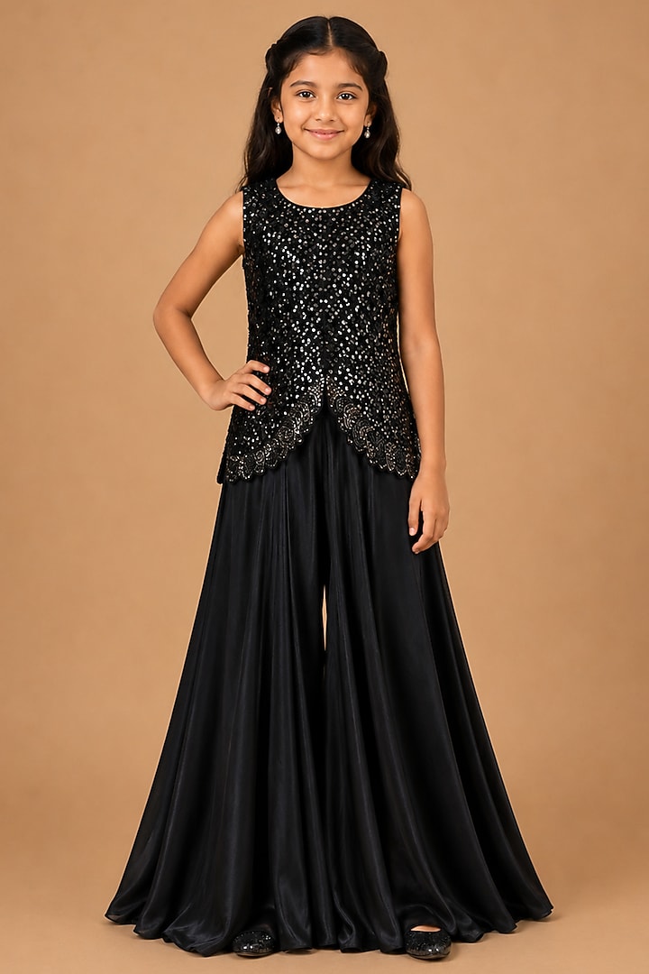 Black Satin Organza Tulle Hand Embellished Skirt Set For Girls by Asaga Kids Atelier at Pernia's Pop Up Shop