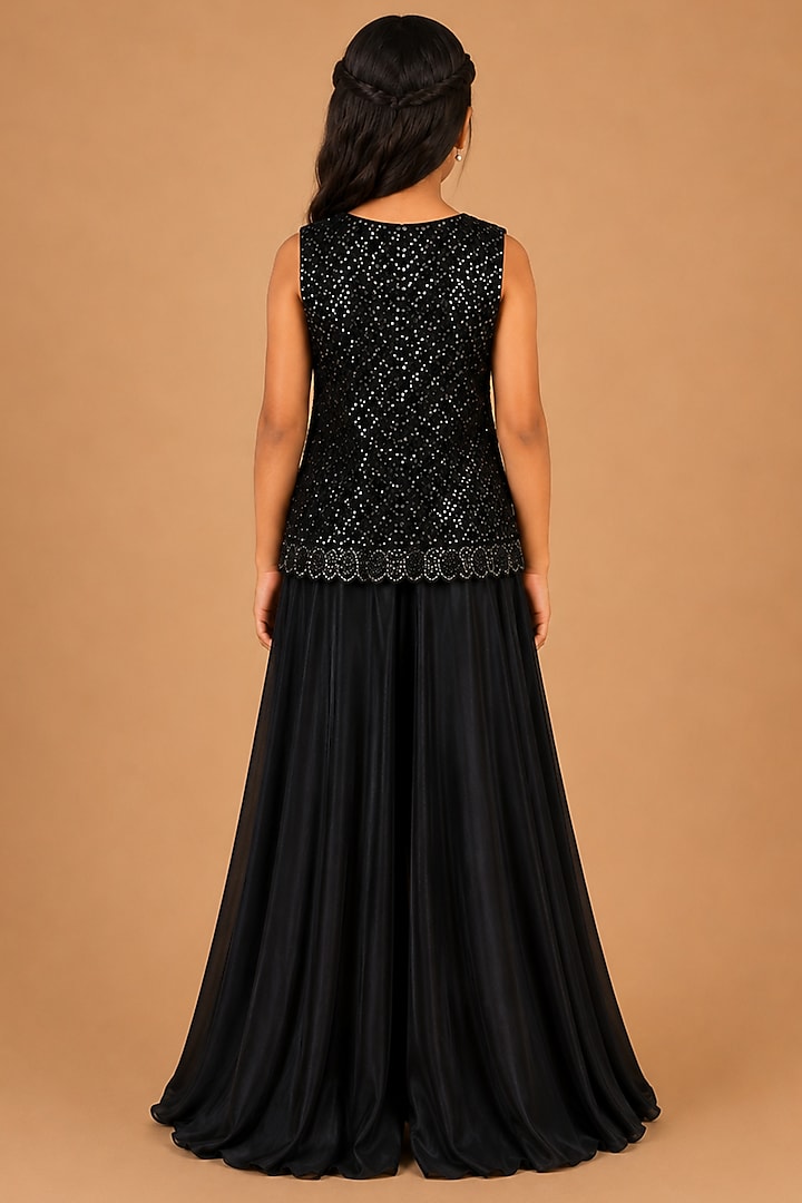 Black Satin Organza Tulle Hand Embellished Skirt Set For Girls by Asaga Kids Atelier at Pernia's Pop Up Shop