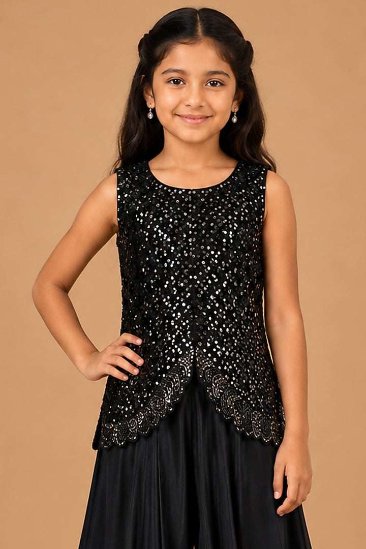 Black Satin Organza Tulle Hand Embellished Skirt Set For Girls by Asaga Kids Atelier at Pernia's Pop Up Shop