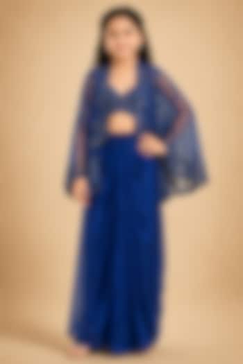 Electric Blue Satin Organza Tulle Mirror Work Drape Skirt Set For Girls by Asaga Kids Atelier at Pernia's Pop Up Shop