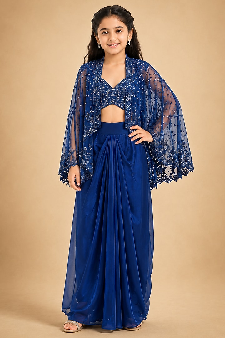 Electric Blue Satin Organza Tulle Mirror Work Drape Skirt Set For Girls by Asaga Kids Atelier at Pernia's Pop Up Shop