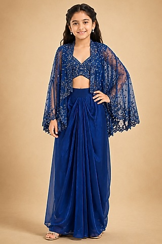 Electric Blue Satin Organza Tulle Mirror Work Drape Skirt Set For Girls by Asaga Kids Atelier