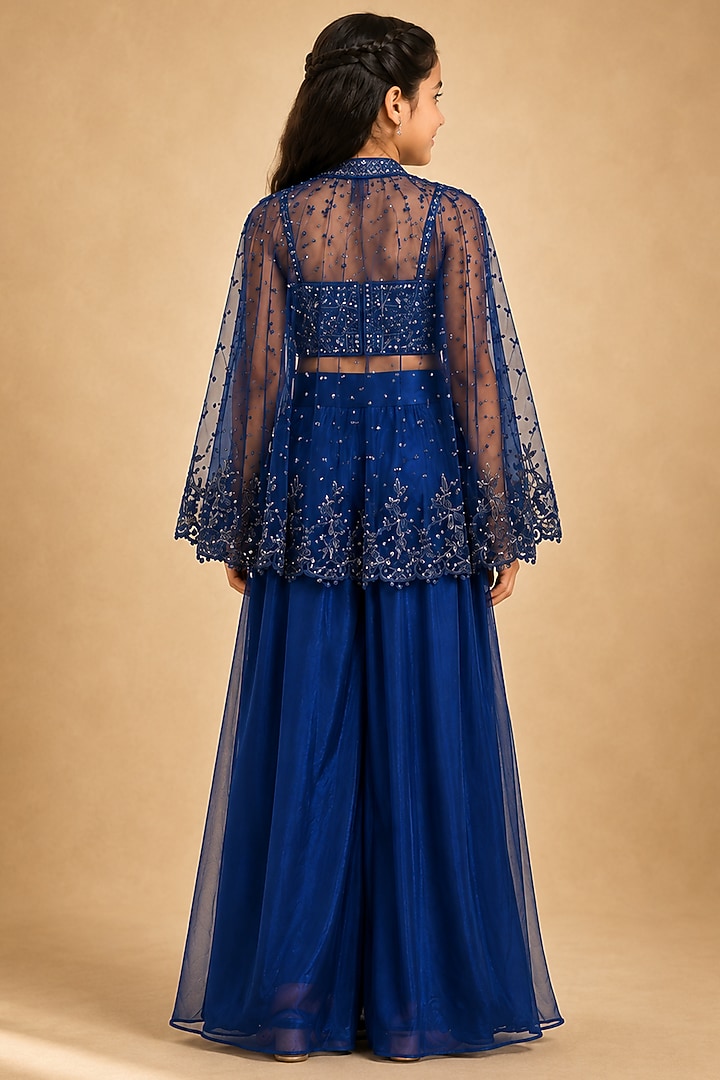 Electric Blue Satin Organza Tulle Mirror Work Drape Skirt Set For Girls by Asaga Kids Atelier at Pernia's Pop Up Shop