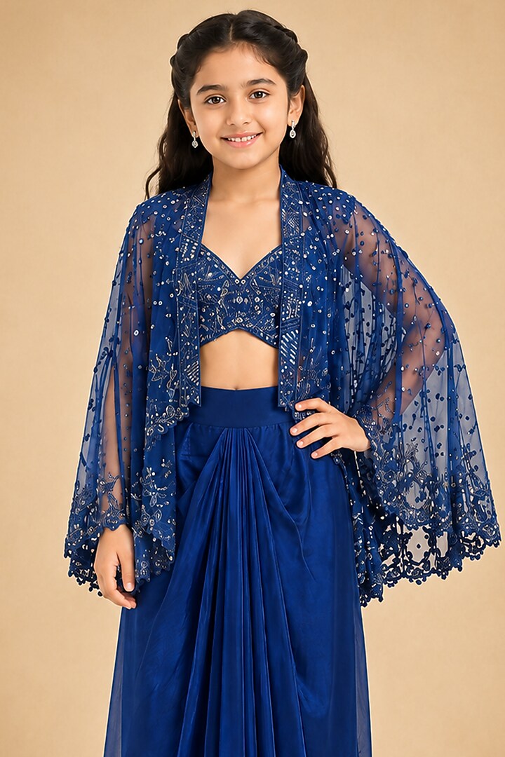 Electric Blue Satin Organza Tulle Mirror Work Drape Skirt Set For Girls by Asaga Kids Atelier at Pernia's Pop Up Shop