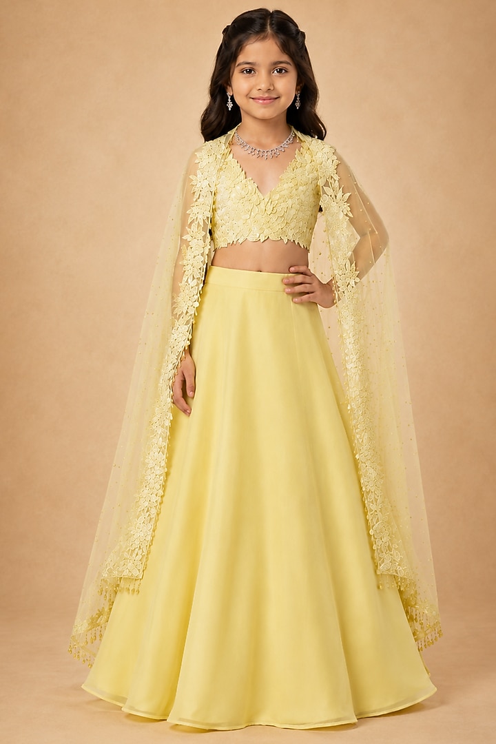 Yellow Tulle Floral Lehenga Set For Girls by Asaga Kids Atelier at Pernia's Pop Up Shop