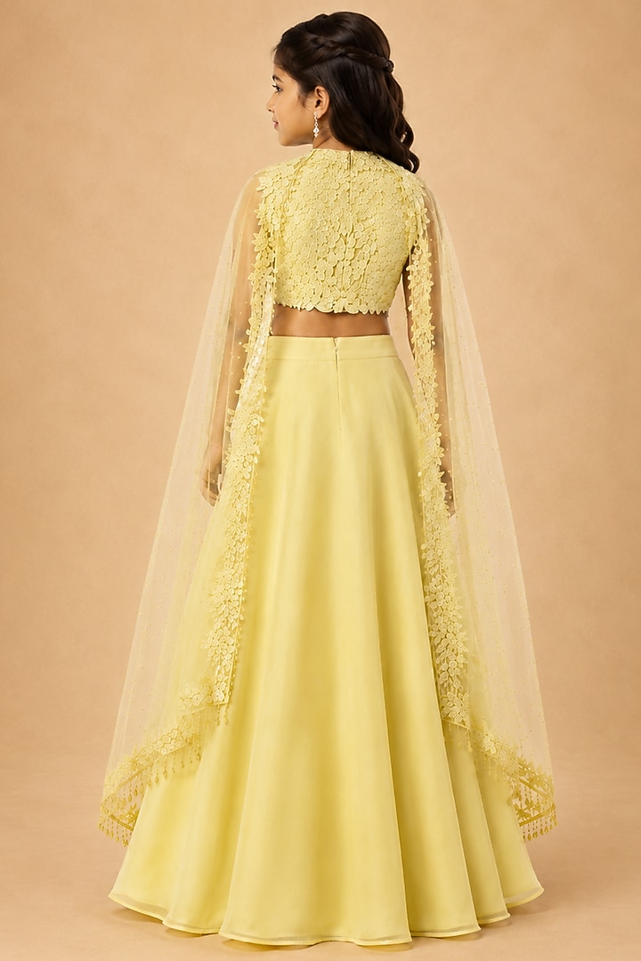 Yellow Tulle Floral Lehenga Set For Girls by Asaga Kids Atelier at Pernia's Pop Up Shop