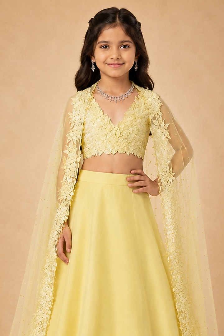 Yellow Tulle Floral Lehenga Set For Girls by Asaga Kids Atelier at Pernia's Pop Up Shop