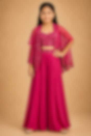 Fuchsia Satin Organza Tulle Mirror Work Sharara Set For Girls by Asaga Kids Atelier at Pernia's Pop Up Shop