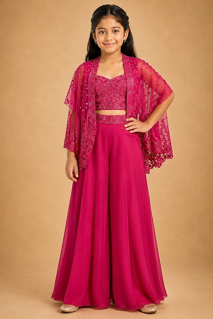 Fuchsia Satin Organza Tulle Mirror Work Sharara Set For Girls by Asaga Kids Atelier at Pernia's Pop Up Shop