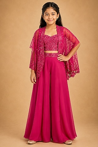 Fuchsia Satin Organza Tulle Mirror Work Sharara Set For Girls by Asaga Kids Atelier