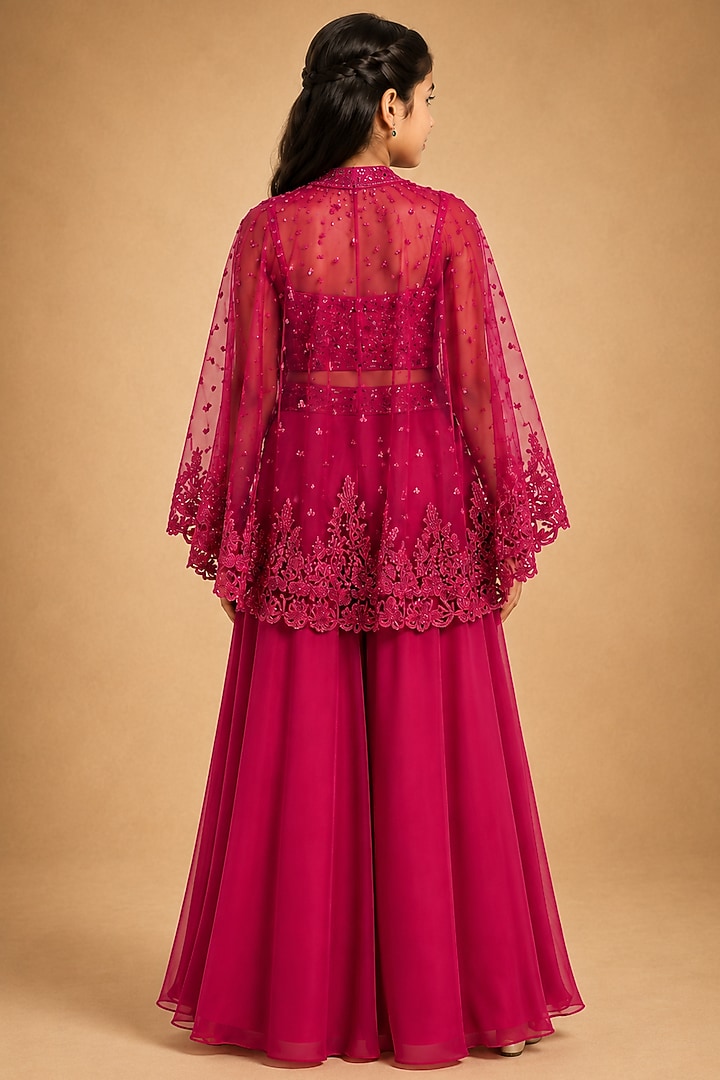 Fuchsia Satin Organza Tulle Mirror Work Sharara Set For Girls by Asaga Kids Atelier at Pernia's Pop Up Shop