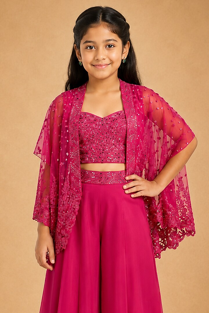 Fuchsia Satin Organza Tulle Mirror Work Sharara Set For Girls by Asaga Kids Atelier at Pernia's Pop Up Shop