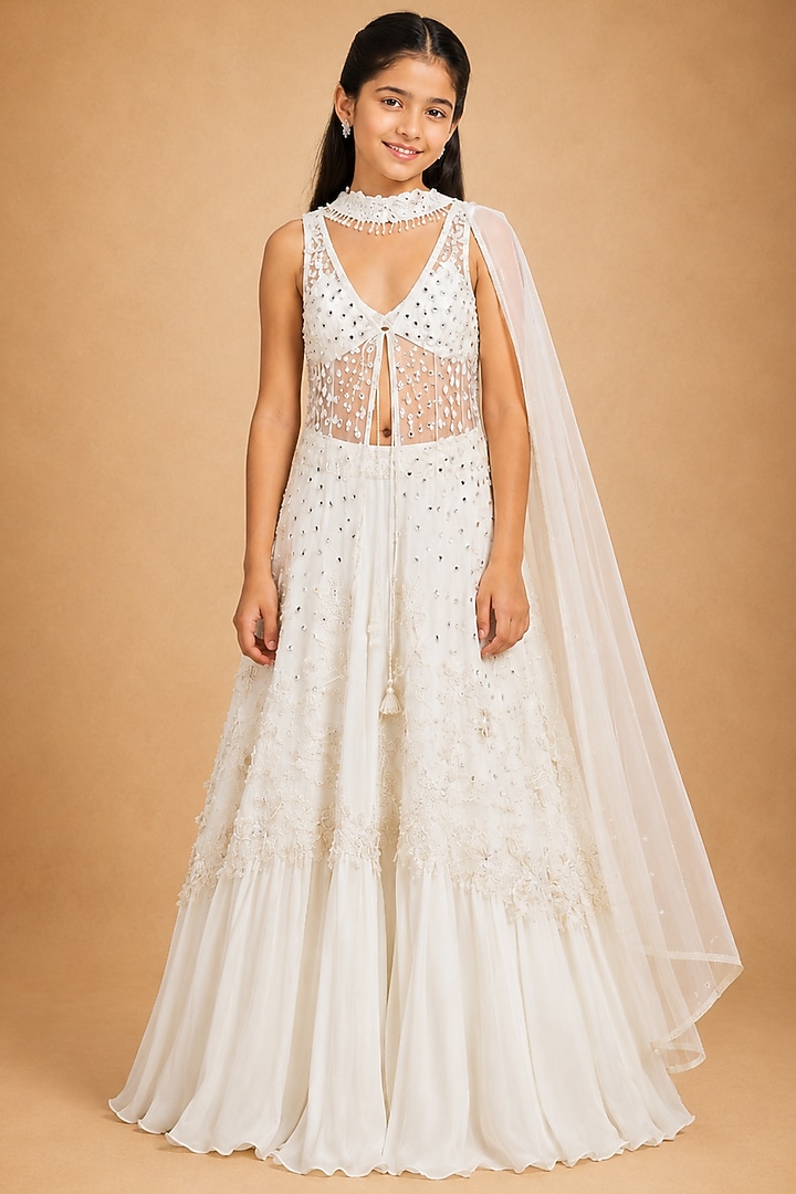 Ivory Satin Organza Tulle Mirror Work Jacket Lehenga Set For Girls by Asaga Kids Atelier at Pernia's Pop Up Shop