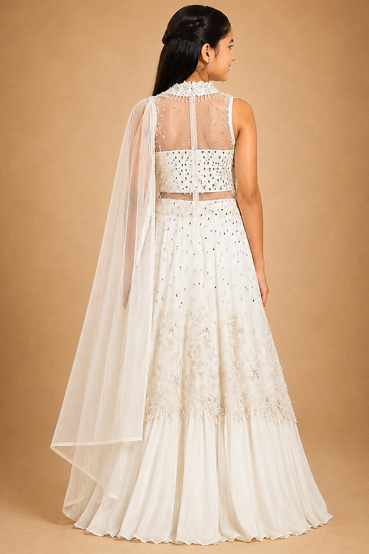 Ivory Satin Organza Tulle Mirror Work Jacket Lehenga Set For Girls by Asaga Kids Atelier at Pernia's Pop Up Shop