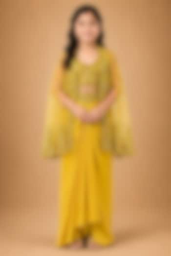 Yellow Satin Organza Tulle Mirror Work Drape Skirt Set For Girls by Asaga Kids Atelier at Pernia's Pop Up Shop