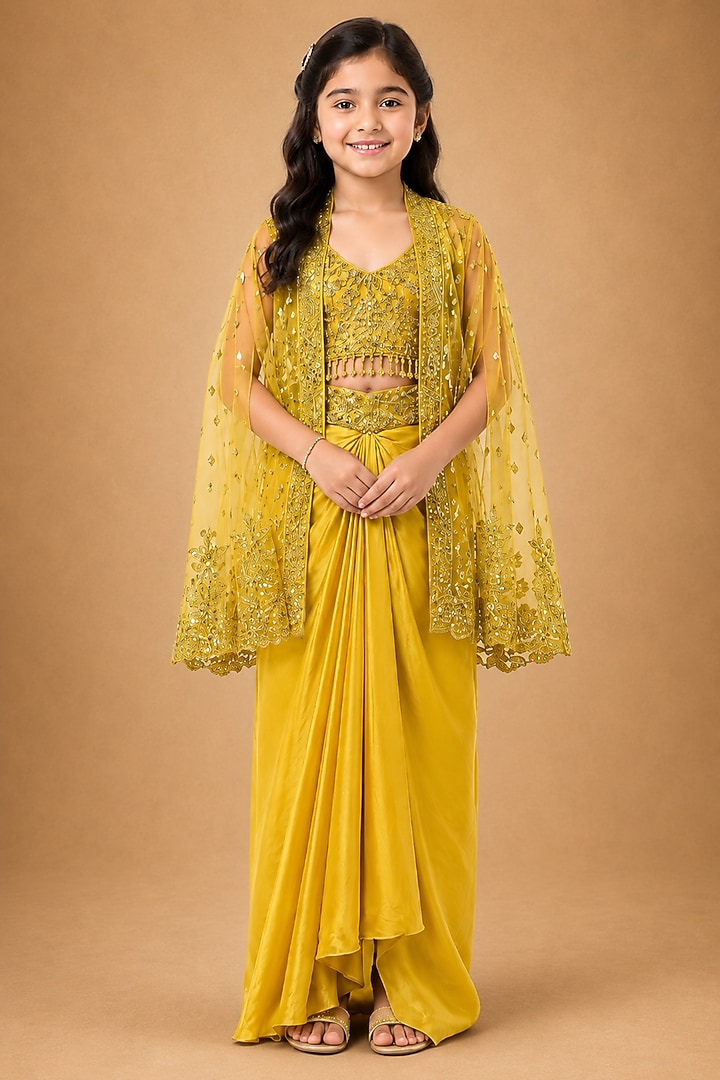 Yellow Satin Organza Tulle Mirror Work Drape Skirt Set For Girls by Asaga Kids Atelier at Pernia's Pop Up Shop