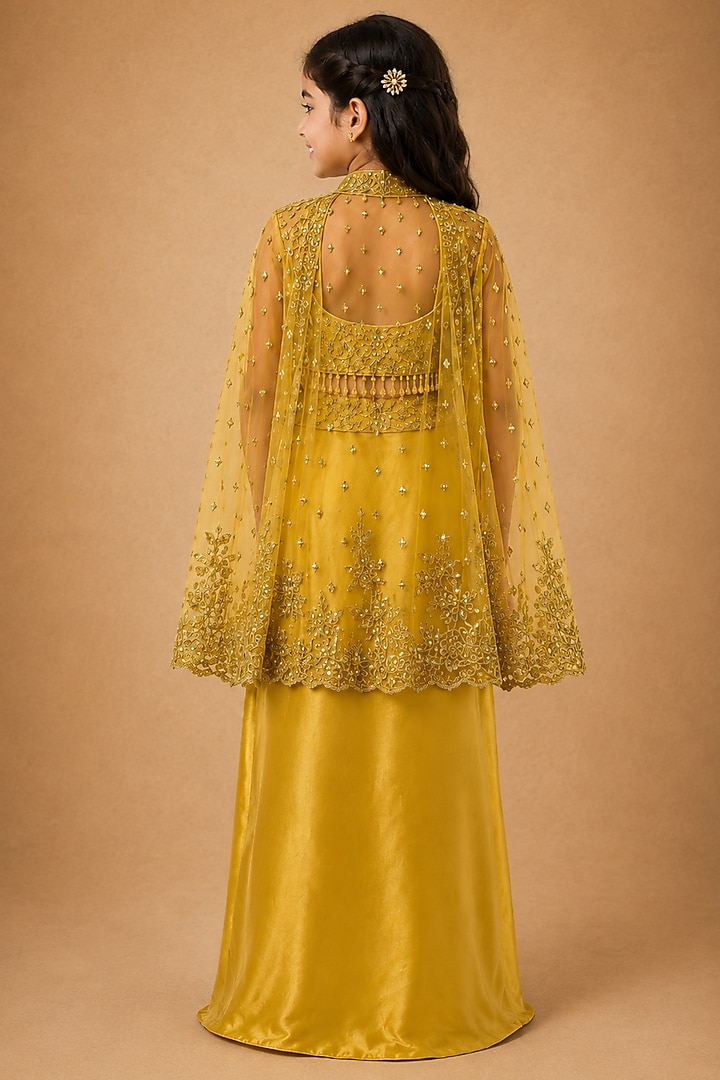 Yellow Satin Organza Tulle Mirror Work Drape Skirt Set For Girls by Asaga Kids Atelier at Pernia's Pop Up Shop