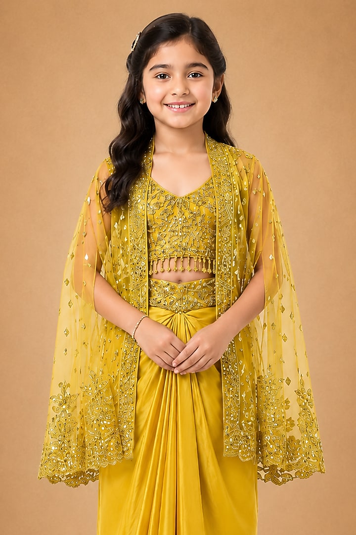 Yellow Satin Organza Tulle Mirror Work Drape Skirt Set For Girls by Asaga Kids Atelier at Pernia's Pop Up Shop