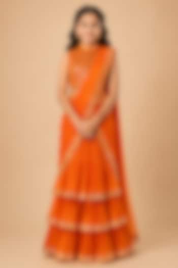 Orange Satin Organza Tulle Embroidered Draped Saree Set For Girls by Asaga Kids Atelier at Pernia's Pop Up Shop