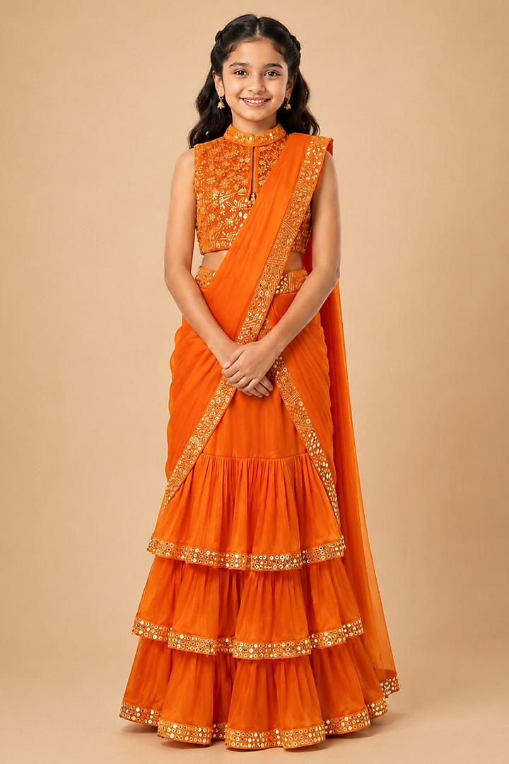 Orange Satin Organza Tulle Embroidered Draped Saree Set For Girls by Asaga Kids Atelier at Pernia's Pop Up Shop