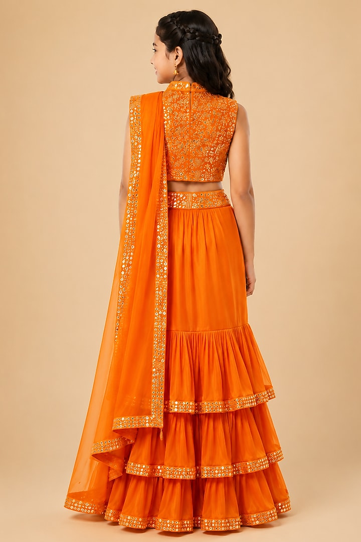 Orange Satin Organza Tulle Embroidered Draped Saree Set For Girls by Asaga Kids Atelier at Pernia's Pop Up Shop