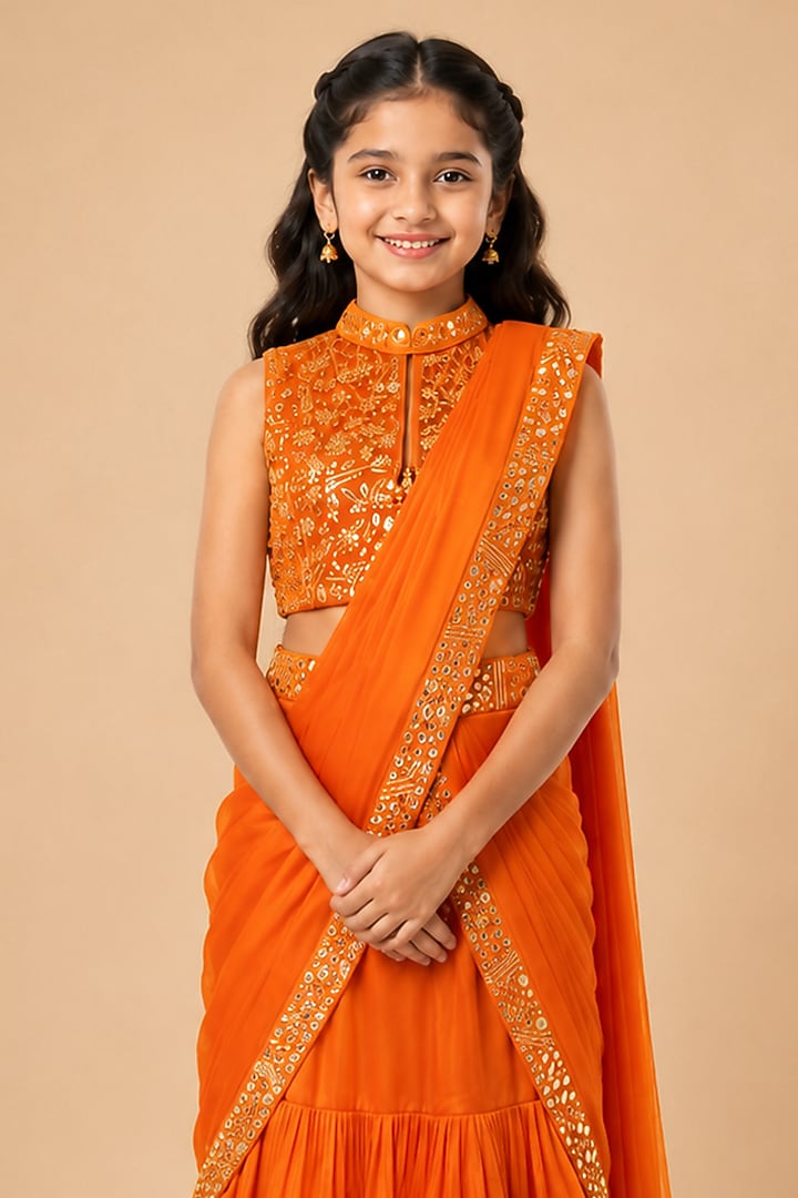 Orange Satin Organza Tulle Embroidered Draped Saree Set For Girls by Asaga Kids Atelier at Pernia's Pop Up Shop