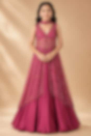 Magenta Satin Organza Tulle Mirror Work Jacket Lehenga Set For Girls by Asaga Kids Atelier at Pernia's Pop Up Shop