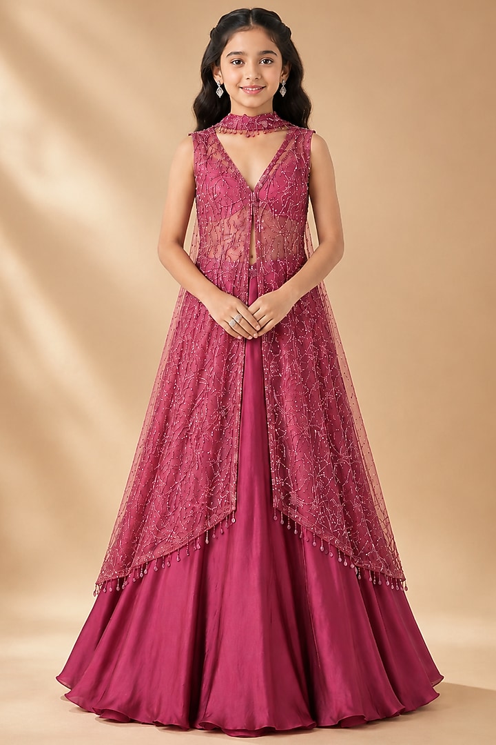 Magenta Satin Organza Tulle Mirror Work Jacket Lehenga Set For Girls by Asaga Kids Atelier at Pernia's Pop Up Shop