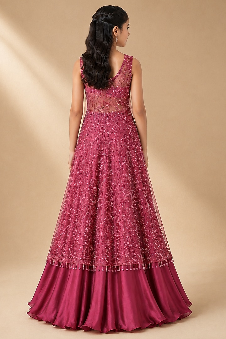 Magenta Satin Organza Tulle Mirror Work Jacket Lehenga Set For Girls by Asaga Kids Atelier at Pernia's Pop Up Shop