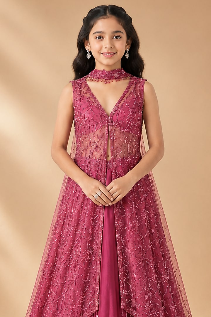 Magenta Satin Organza Tulle Mirror Work Jacket Lehenga Set For Girls by Asaga Kids Atelier at Pernia's Pop Up Shop