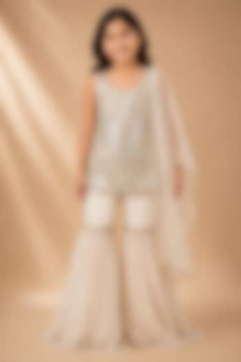 Ivory Satin Organza Tulle Embroidered Sharara Set For Girls by Asaga Kids Atelier at Pernia's Pop Up Shop