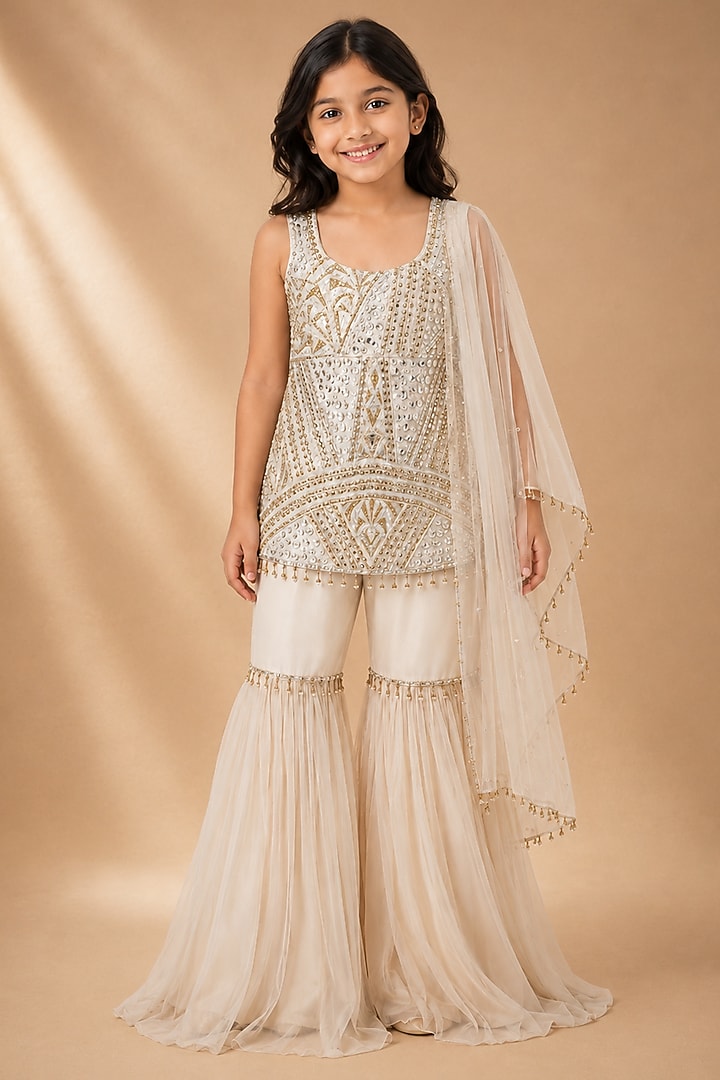 Ivory Satin Organza Tulle Embroidered Sharara Set For Girls by Asaga Kids Atelier at Pernia's Pop Up Shop