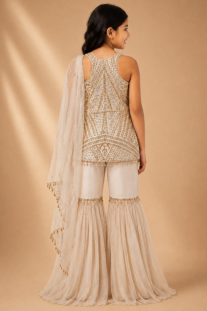 Ivory Satin Organza Tulle Embroidered Sharara Set For Girls by Asaga Kids Atelier at Pernia's Pop Up Shop