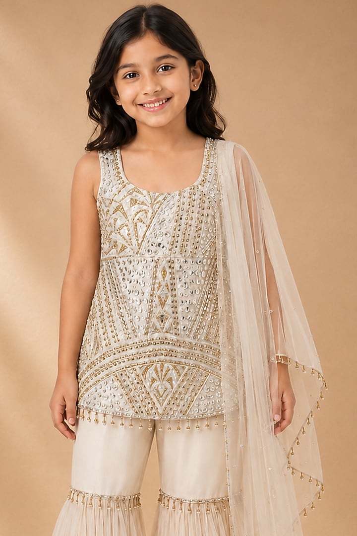 Ivory Satin Organza Tulle Embroidered Sharara Set For Girls by Asaga Kids Atelier at Pernia's Pop Up Shop