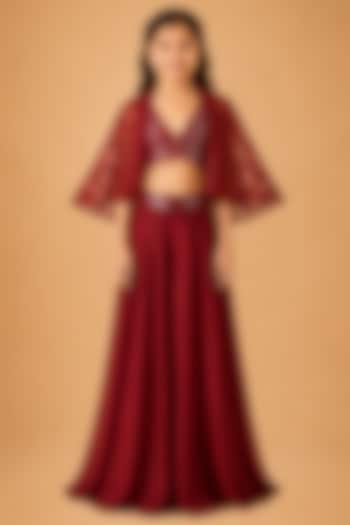Red Satin Organza Tulle Hand Embroidered Sharara Set For Girls by Asaga Kids Atelier at Pernia's Pop Up Shop