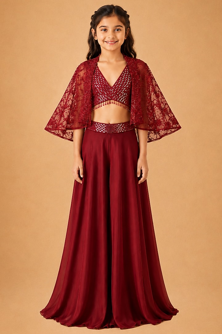 Red Satin Organza Tulle Hand Embroidered Sharara Set For Girls by Asaga Kids Atelier at Pernia's Pop Up Shop