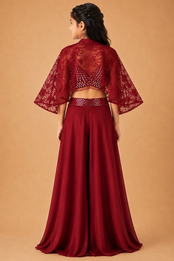 Red Satin Organza Tulle Hand Embroidered Sharara Set For Girls by Asaga Kids Atelier at Pernia's Pop Up Shop