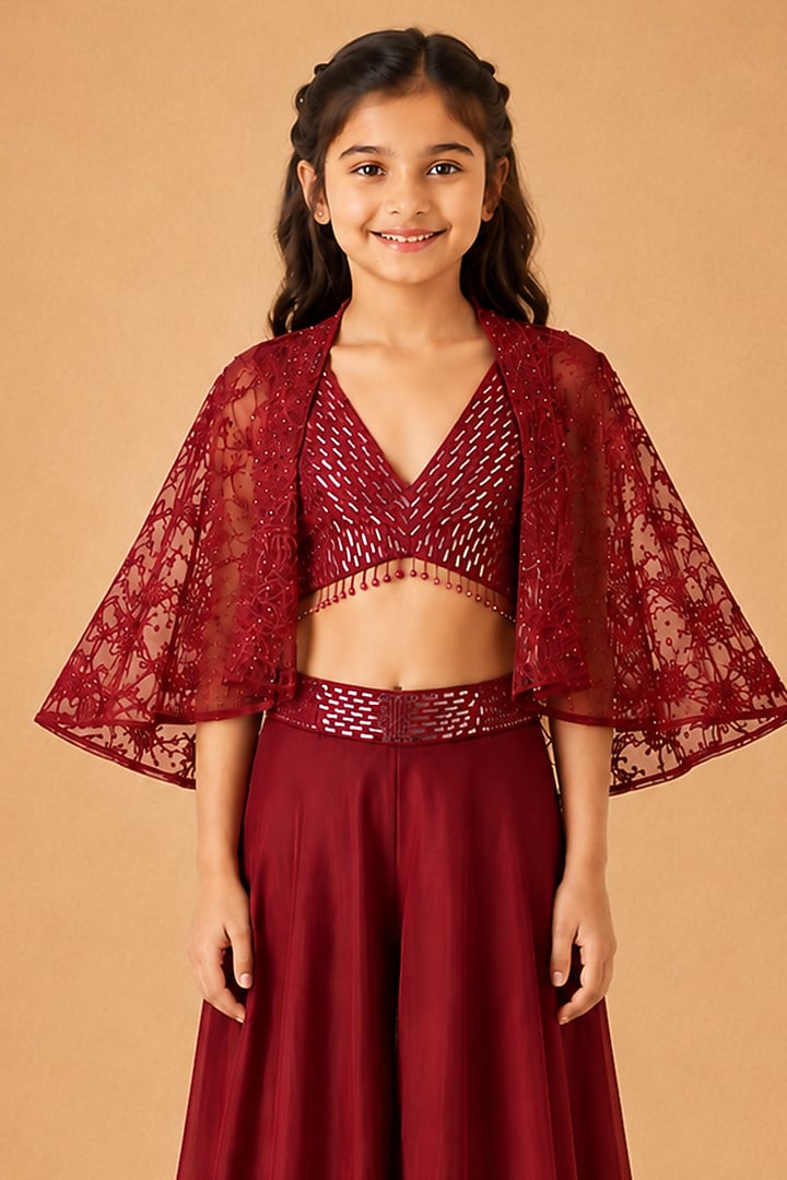 Red Satin Organza Tulle Hand Embroidered Sharara Set For Girls by Asaga Kids Atelier at Pernia's Pop Up Shop