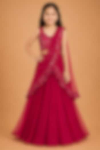 Red Satin Organza Tulle Hand Embroidered Draped Saree Set For Girls by Asaga Kids Atelier at Pernia's Pop Up Shop