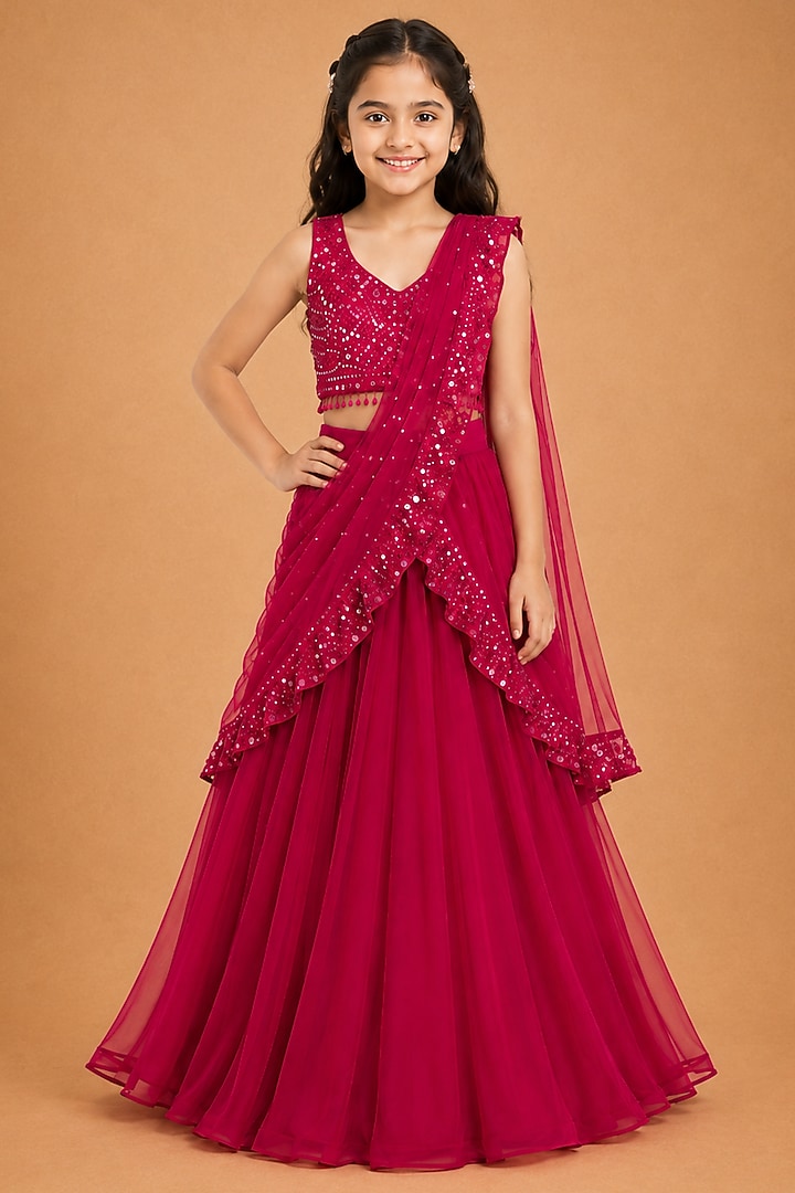 Red Satin Organza Tulle Hand Embroidered Draped Saree Set For Girls by Asaga Kids Atelier at Pernia's Pop Up Shop