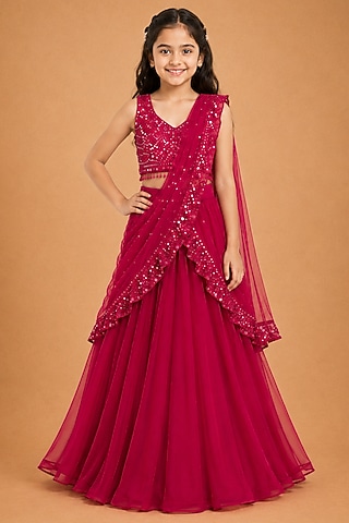 Red Satin Organza Tulle Hand Embroidered Draped Saree Set For Girls by Asaga Kids Atelier