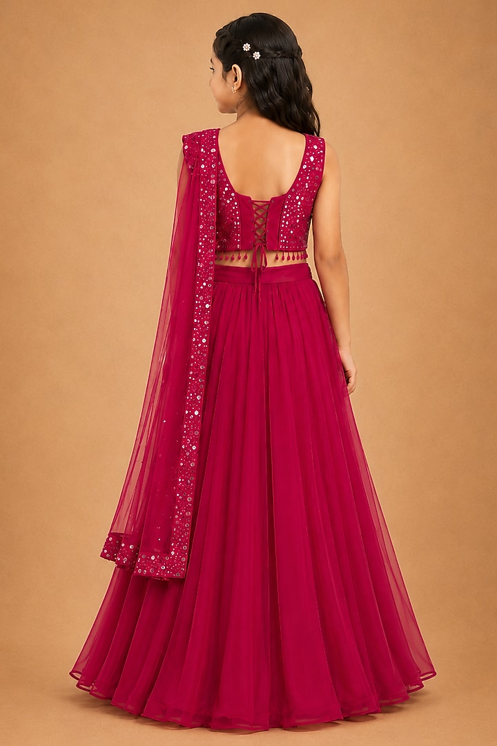 Red Satin Organza Tulle Hand Embroidered Draped Saree Set For Girls by Asaga Kids Atelier at Pernia's Pop Up Shop