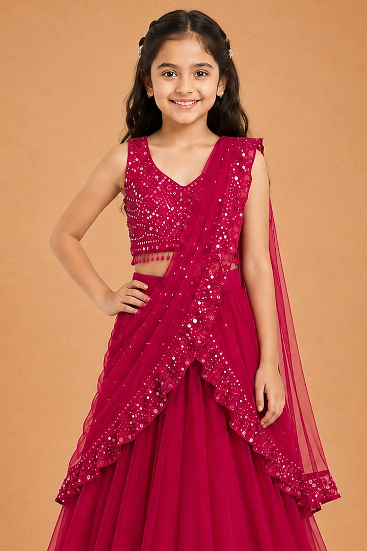 Red Satin Organza Tulle Hand Embroidered Draped Saree Set For Girls by Asaga Kids Atelier at Pernia's Pop Up Shop