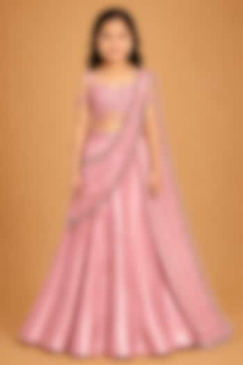 Rose Gold Satin Organza Tulle Hand Embroidered Draped Saree Set For Girls by Asaga Kids Atelier at Pernia's Pop Up Shop