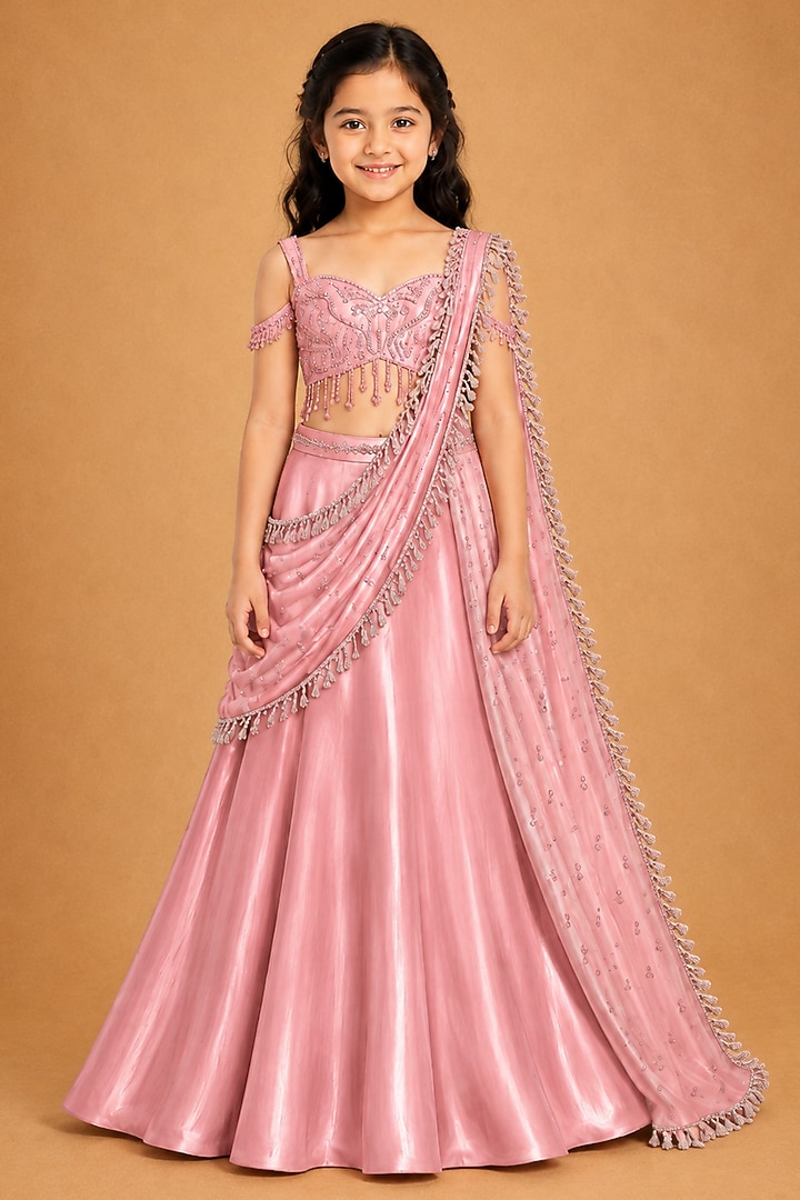 Rose Gold Satin Organza Tulle Hand Embroidered Draped Saree Set For Girls by Asaga Kids Atelier at Pernia's Pop Up Shop
